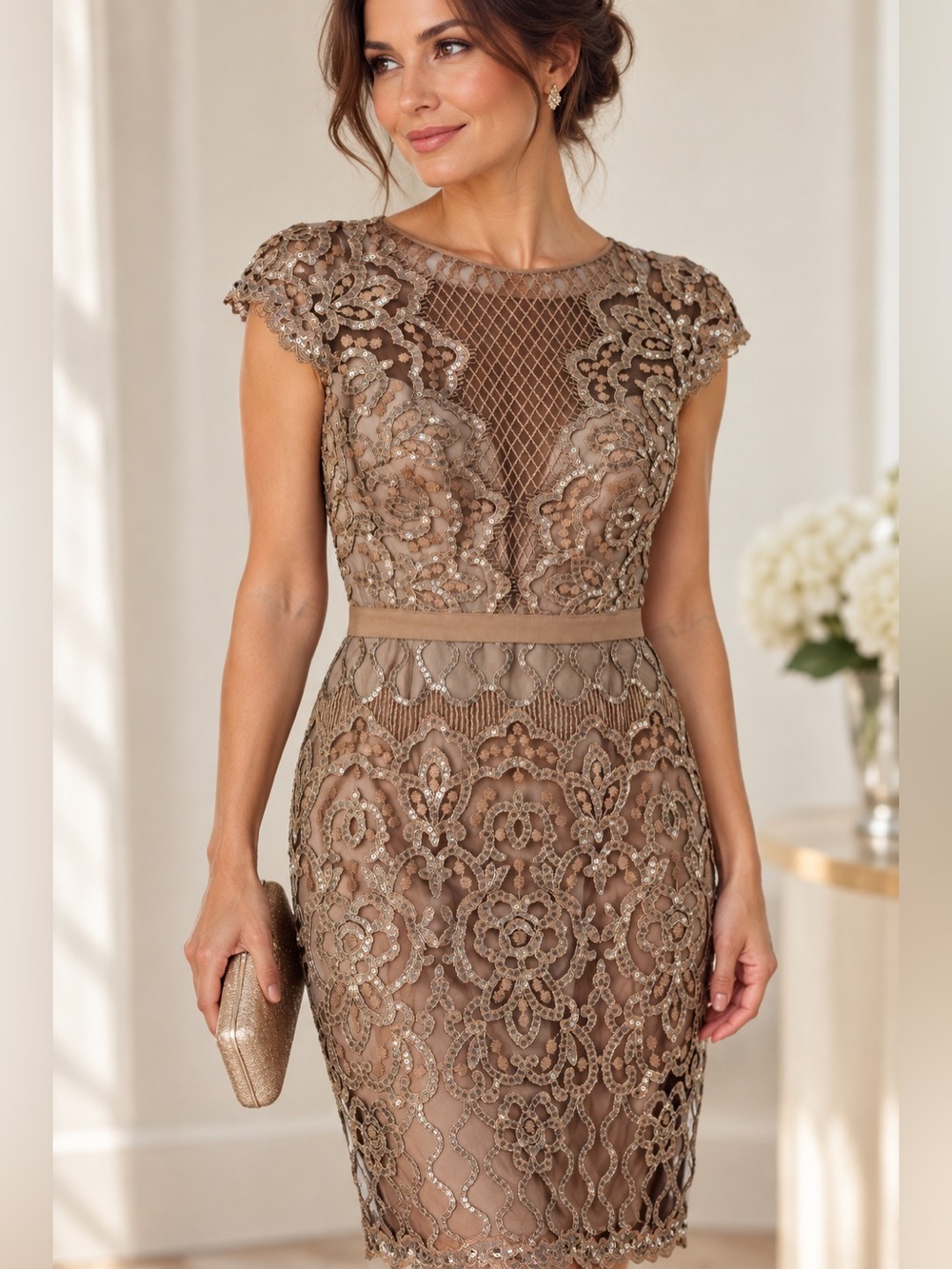 Tadashi Shoji Size 4 Bronze Gold Sequin Lace Cotton Blend Cocktail Dress
